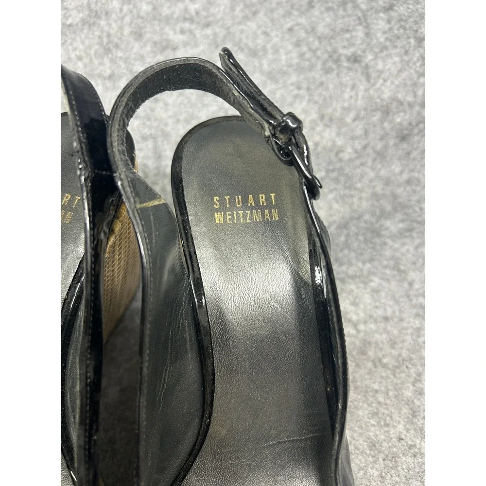 Stuart Weitzman Womens Slingback Wedge 8 Black Patent Leather Bamboo Detail